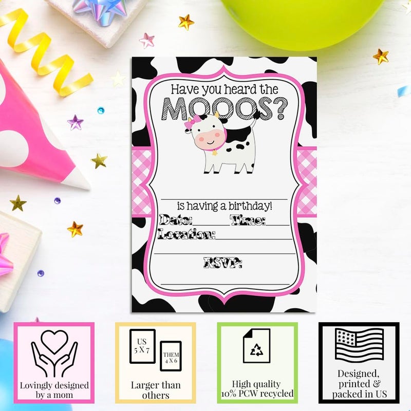 Amanda Creation Heard the Moos Pink Cow-Themed Birthday Party Invitations for Kids, 20 5x7 Fill In Cards with Twenty White Envelopes by AmandaCreation - Image 3